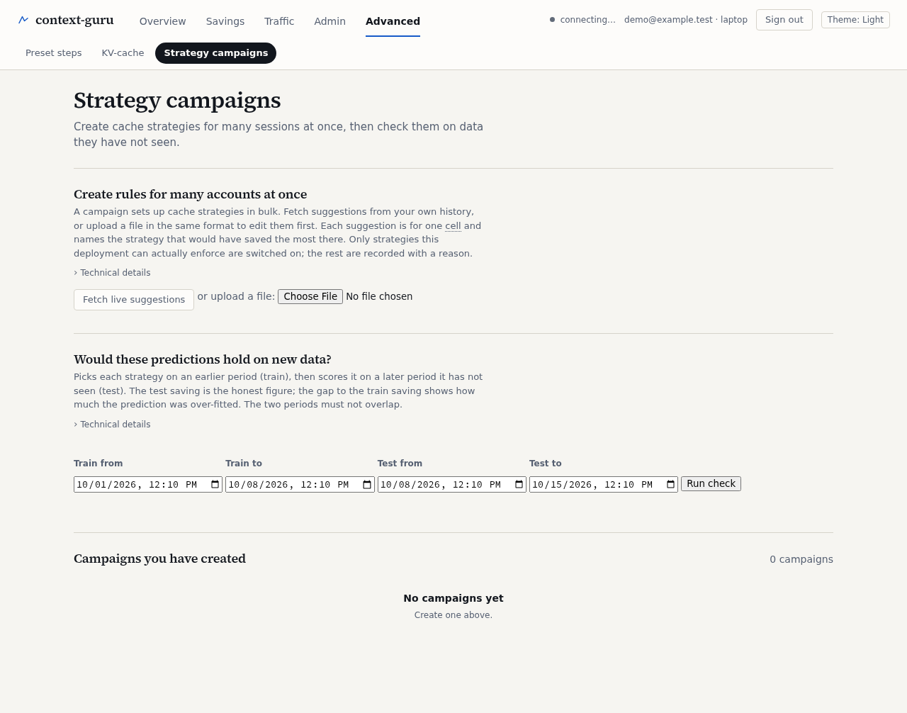 The Strategy campaigns tab, light theme