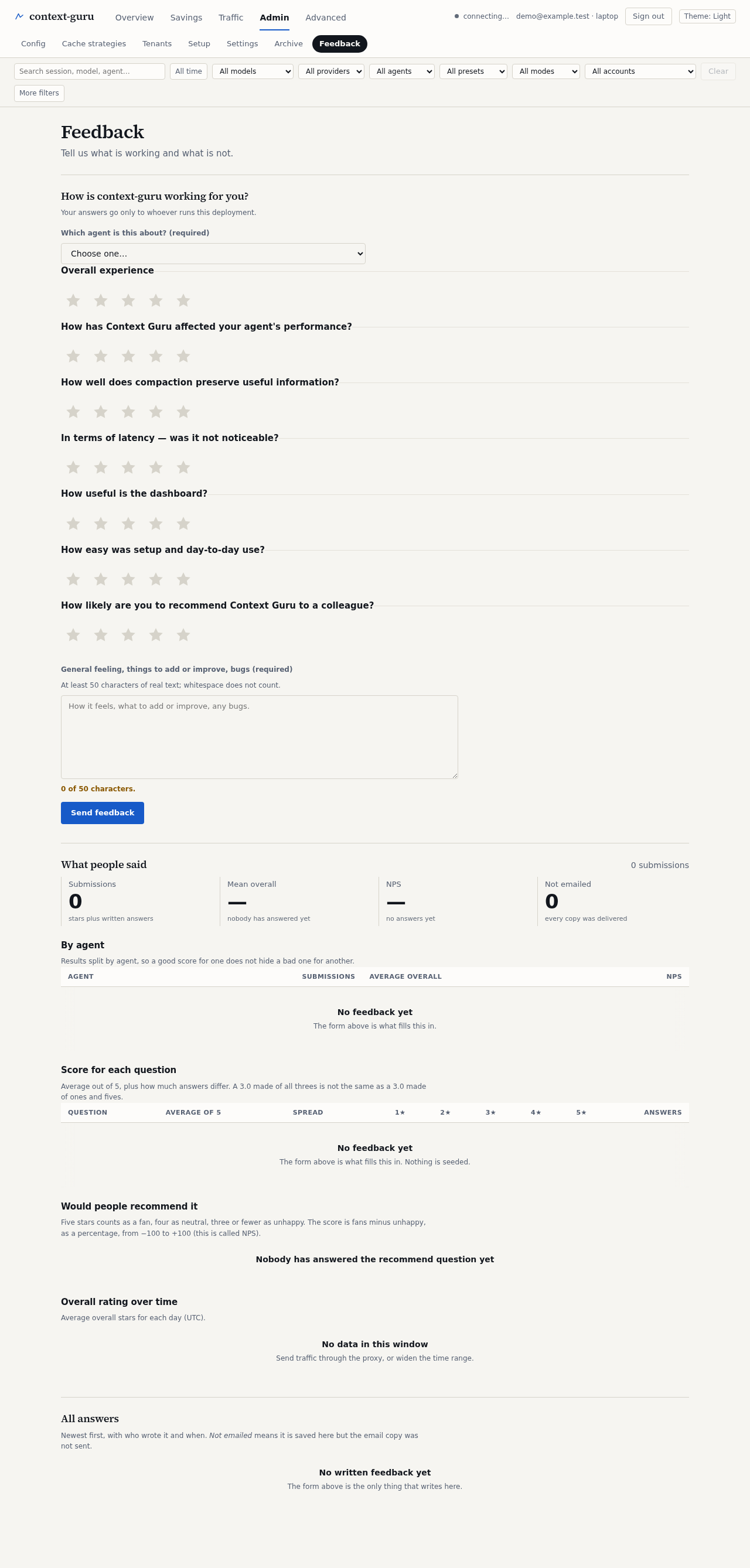 The Feedback tab, light theme