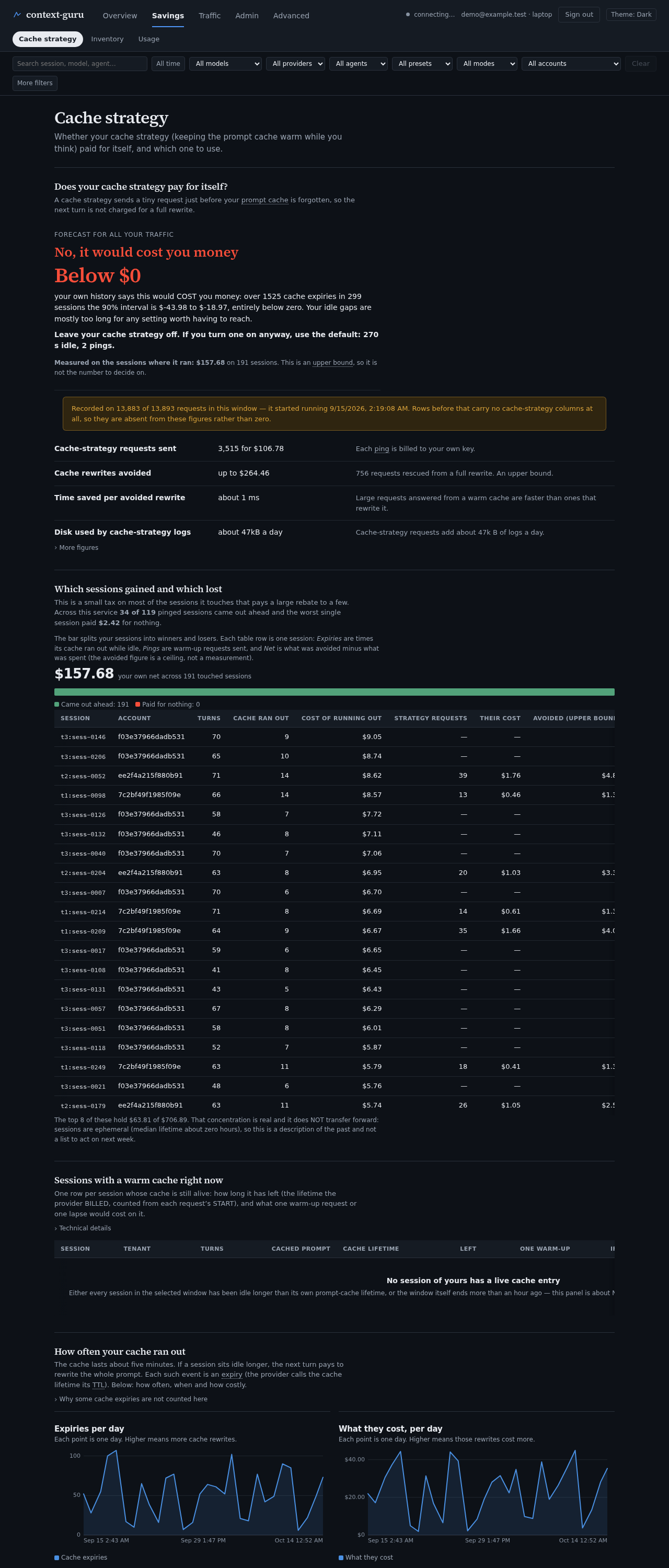 The Cache strategy tab, dark theme