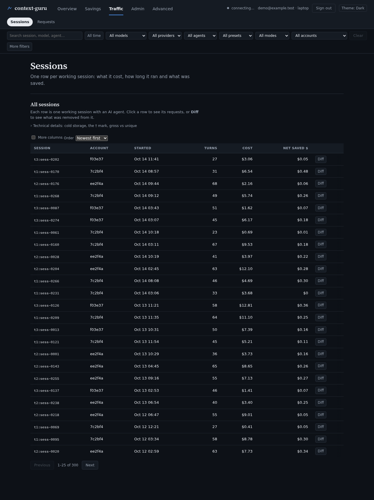 The Sessions tab, dark theme