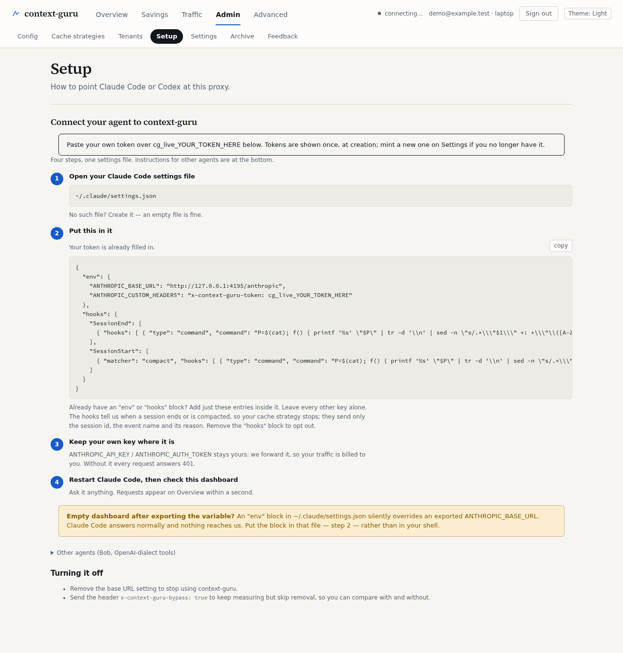 The Setup tab, light theme