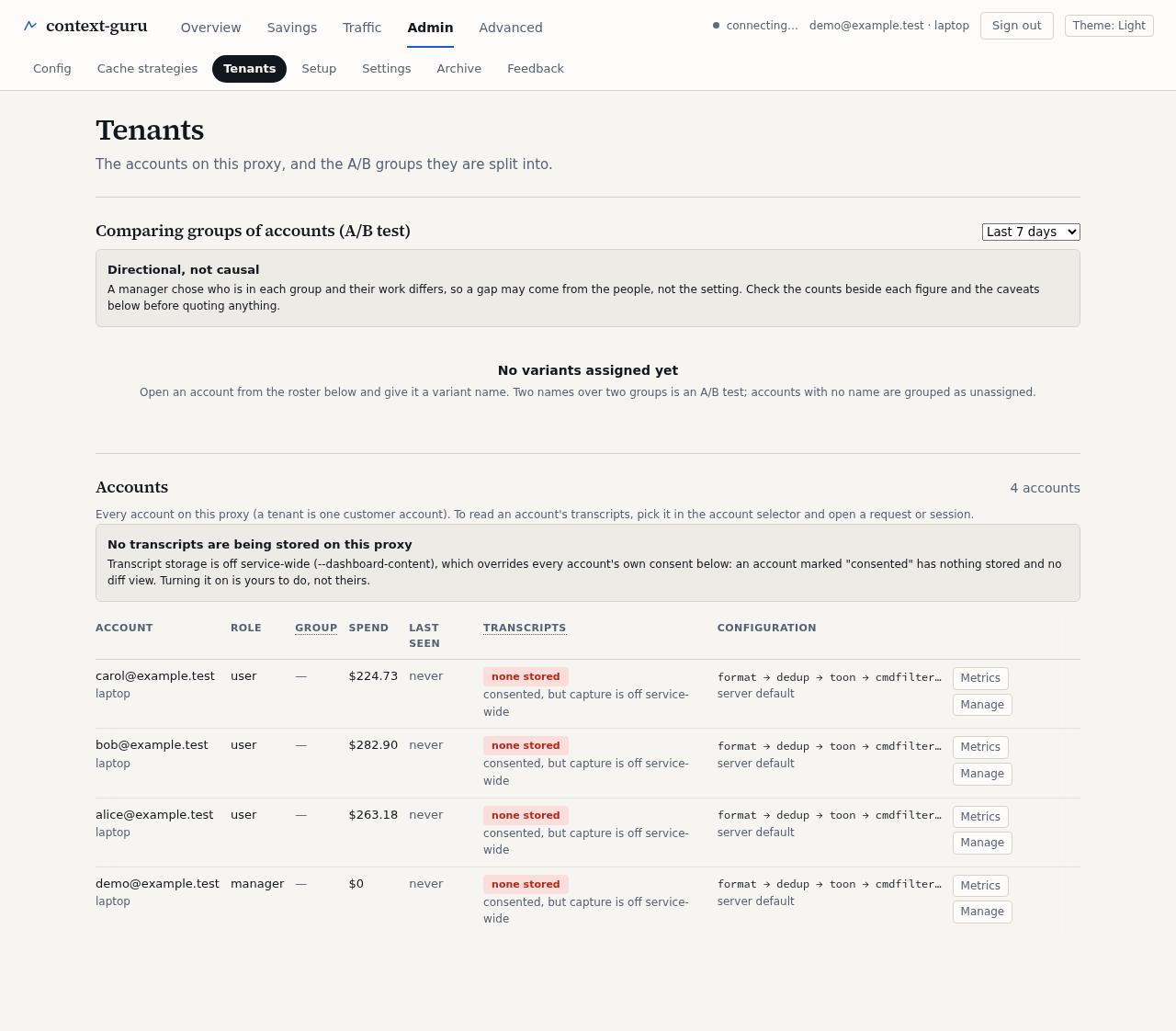The Tenants tab, light theme