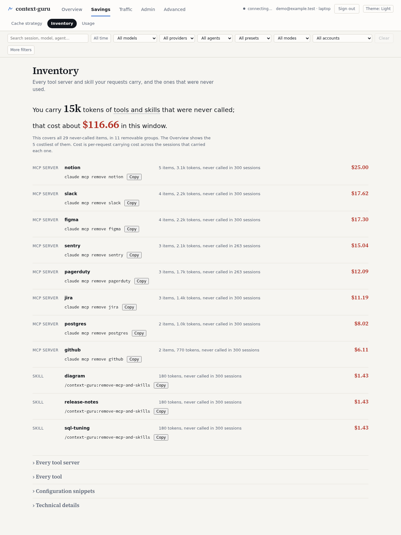 The Inventory tab, light theme