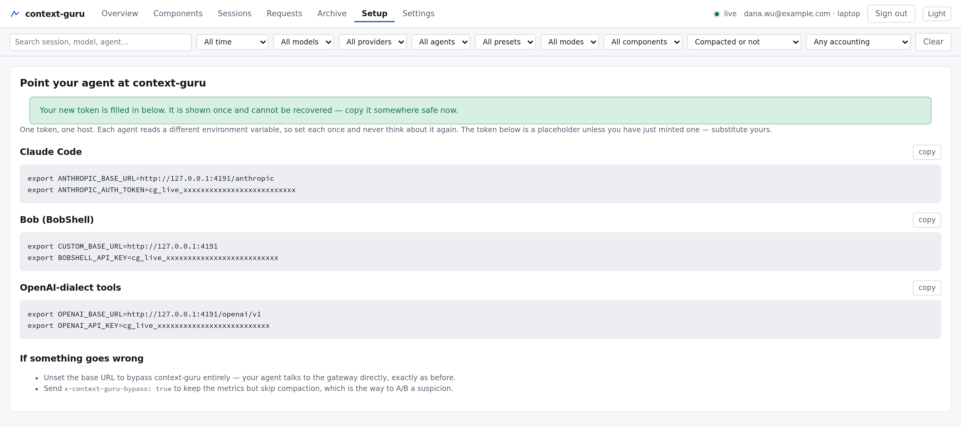 Setup immediately after registering: a green banner reads "Your new token is filled in
below. It is shown once and cannot be recovered — copy it somewhere safe now", above
copy-paste export blocks for Claude Code, Bob and OpenAI-dialect tools carrying this
deployment's base URL and the freshly minted token (redacted
here).