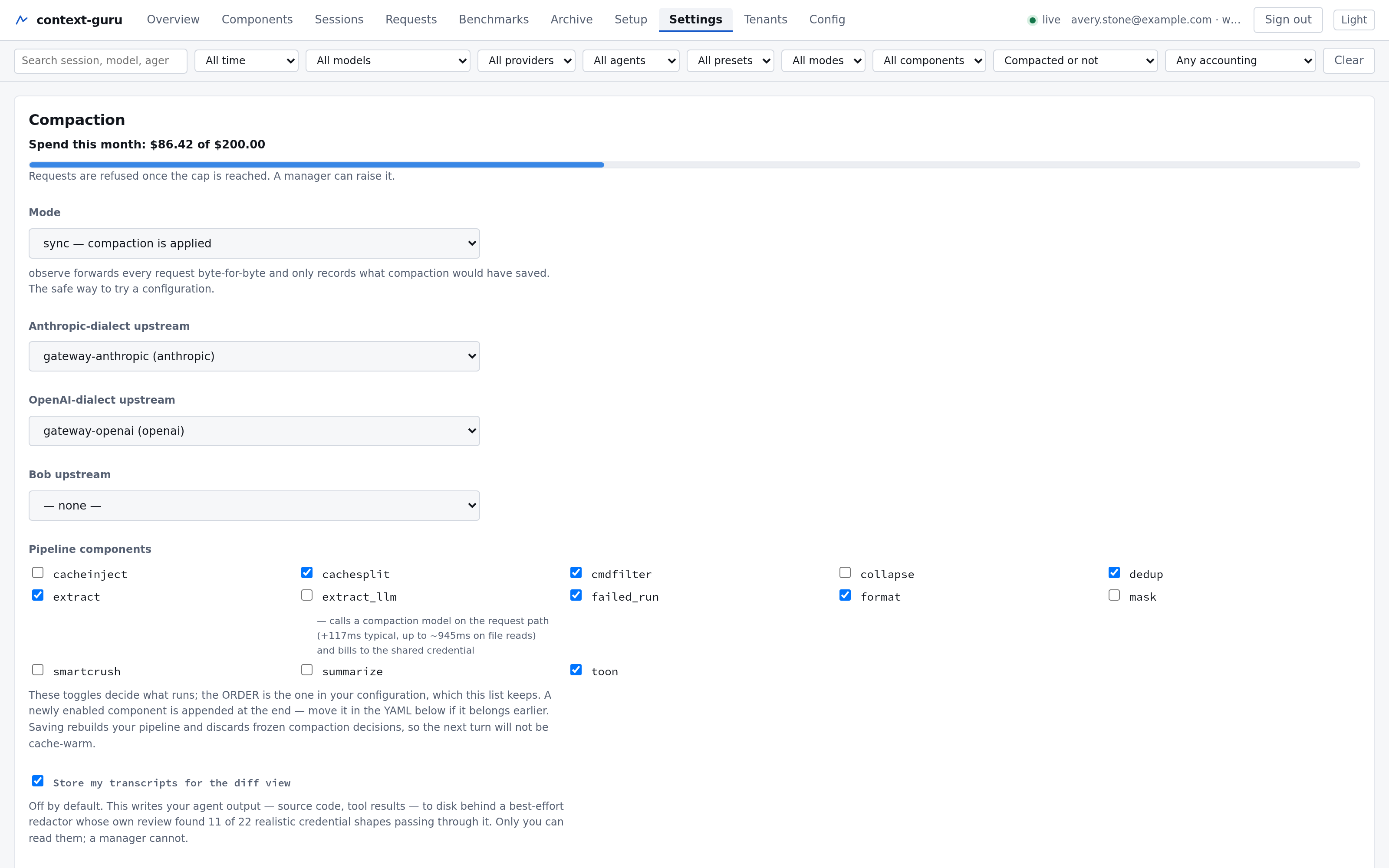 The Settings page: spend this month, $86.42, reported above the
knobs; a mode selector set to "sync — compaction is applied"; one upstream dropdown per
dialect, populated from the operator's allow-list; a grid of pipeline-component
checkboxes with extract_llm carrying its own latency-and-billing warning; and the
transcript-capture consent box.